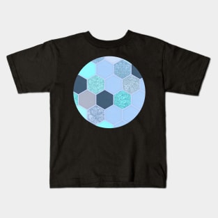 Denim Blue, Aqua & Indigo Hexagon Doodle Pattern Kids T-Shirt